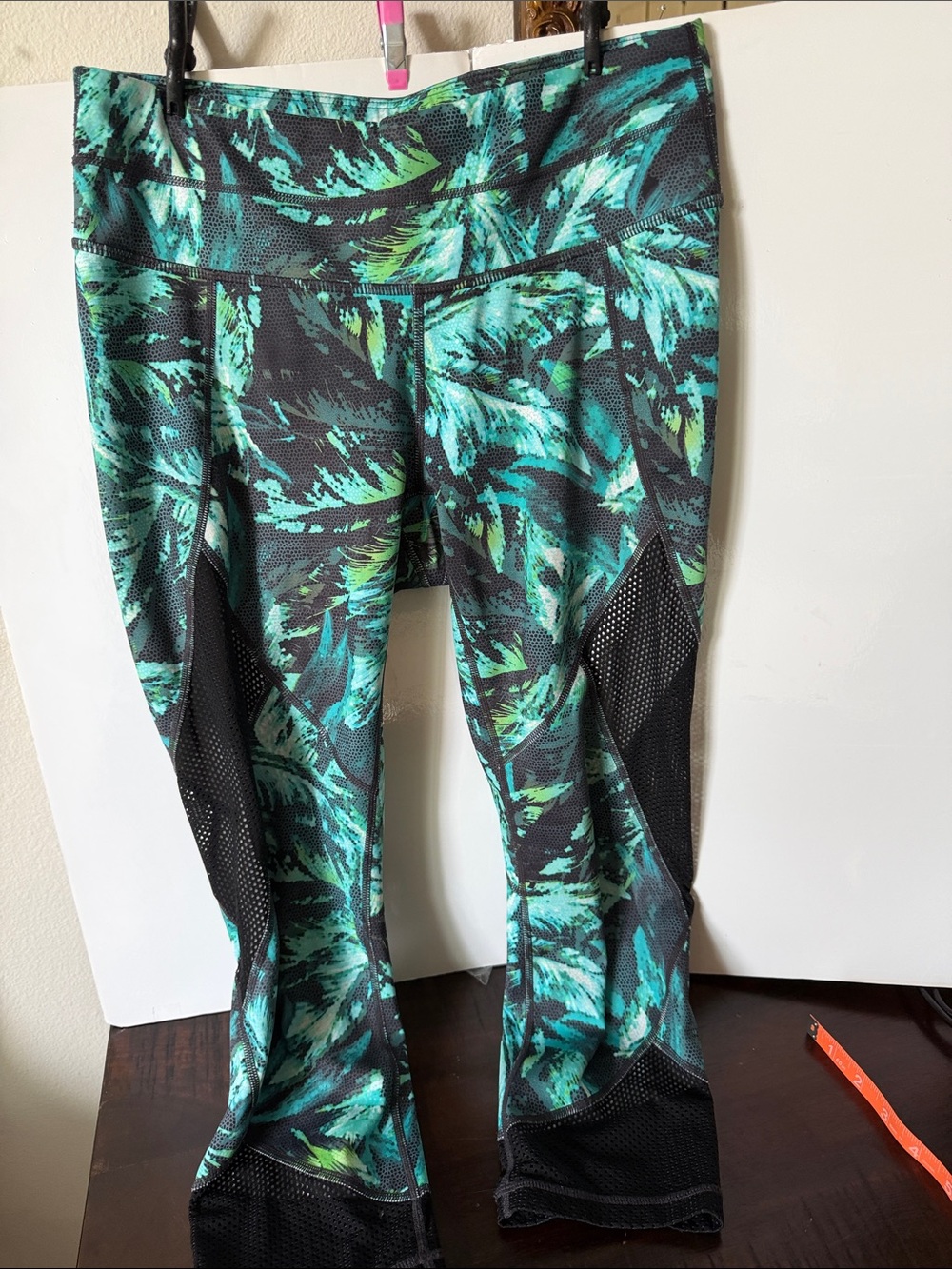 Athleta Black Leggings with Teal & Green Tropical Print - Picture 1 of 10